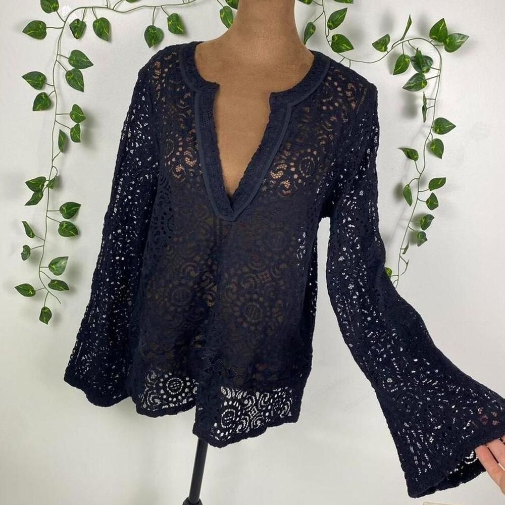 Whimsigoth sheer black lace bell sleeve tunic top blouse v-neck boho goth alt